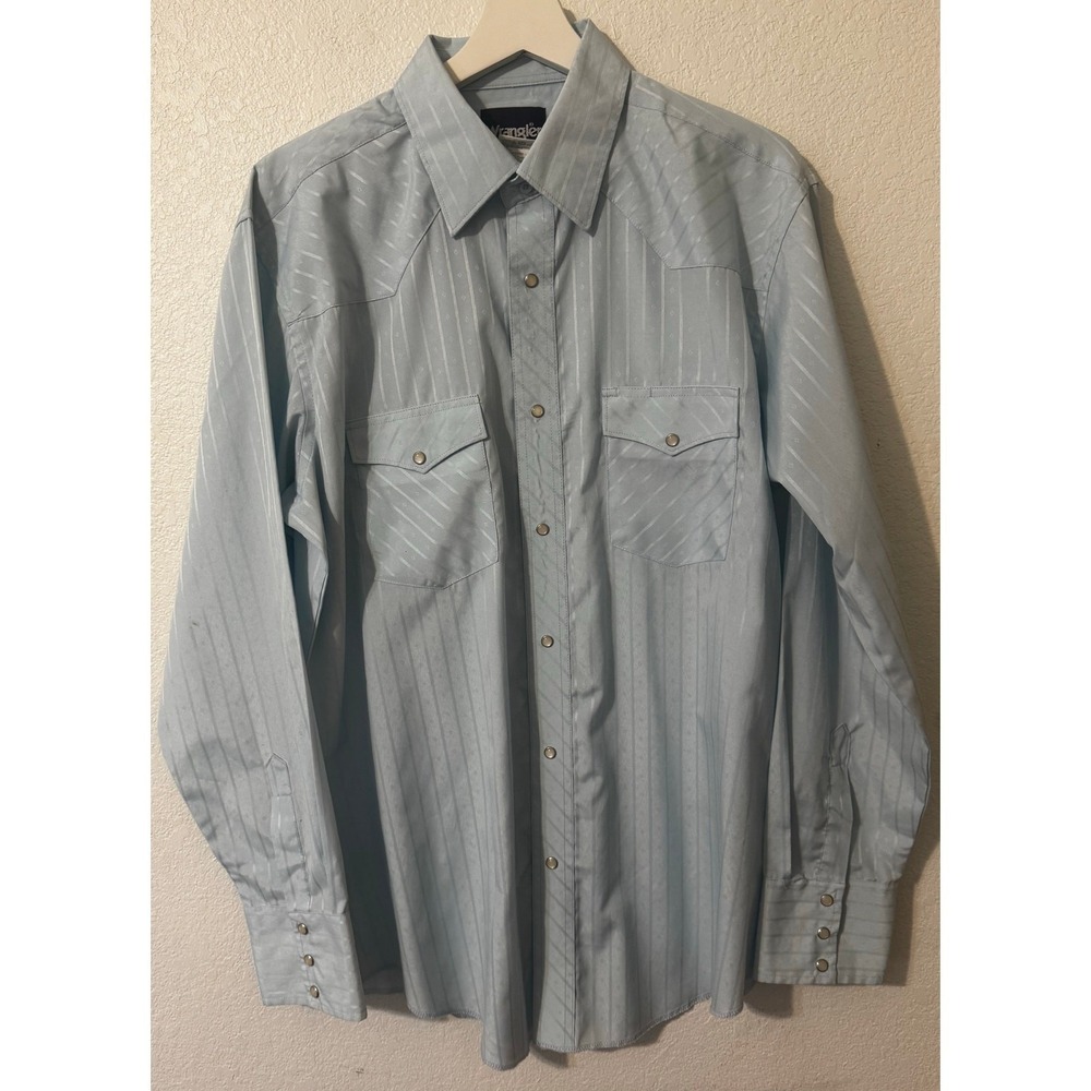 Wrangler Mens L Western Shirt Blue Stripe Long Sleeve Snap Front Cowboy
